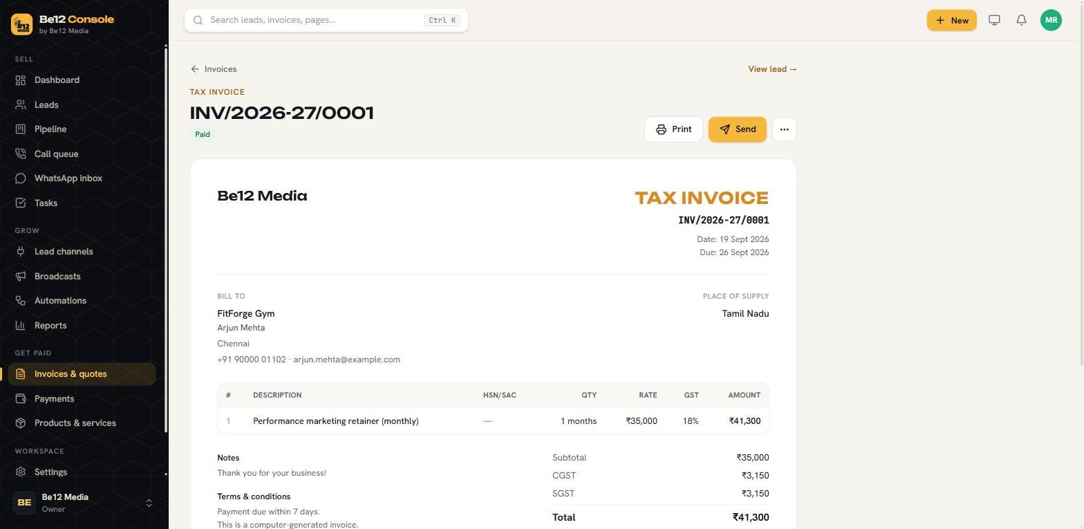 Be12 Console tax invoice for a sample customer with CGST and SGST calculated and marked Paid