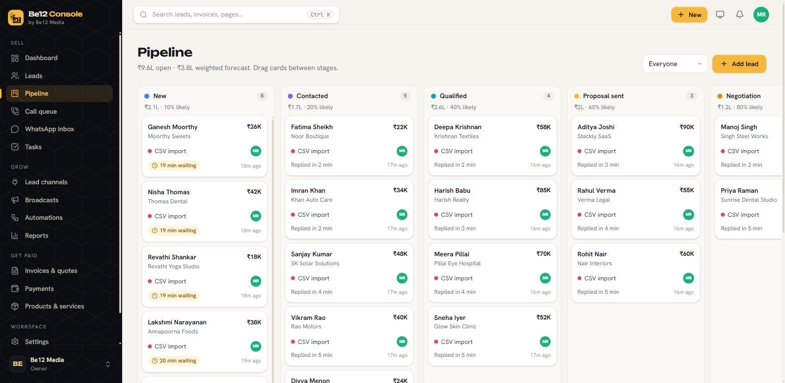 Be12 Console pipeline board with sample deals in New, Contacted, Qualified, Proposal sent and Negotiation stages