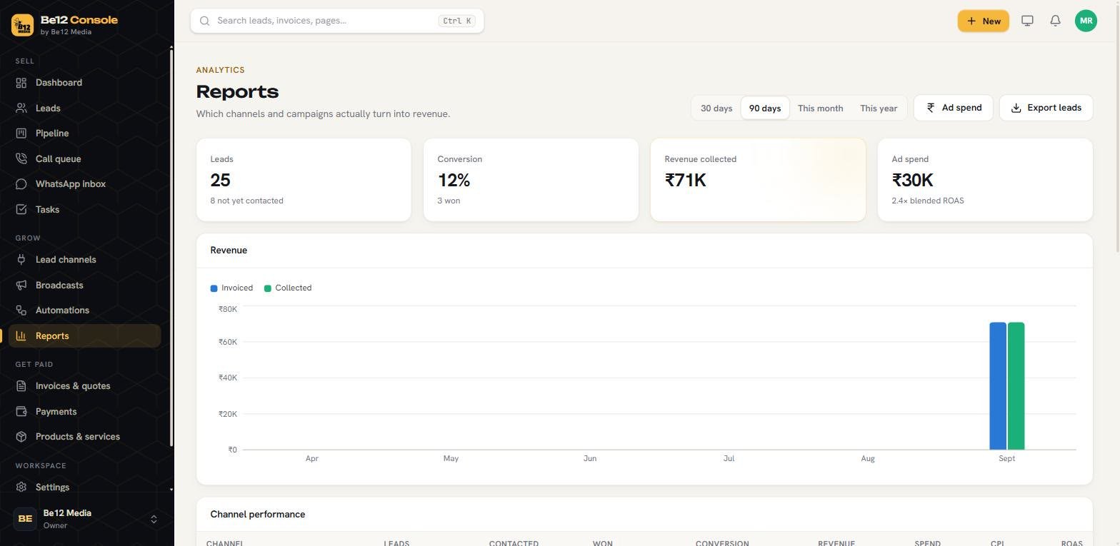 Be12 Console reports showing leads, conversion, revenue collected, ad spend and blended return on ad spend for sample data