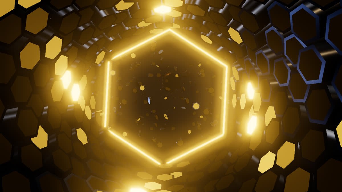 A neon hexagon at the centre of a glowing honeycomb tunnel, representing a choice between two ad platforms