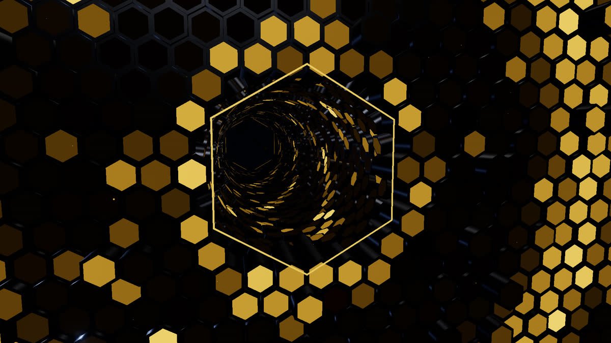 A glowing hexagonal portal inside a honeycomb, representing a clear path through digital marketing