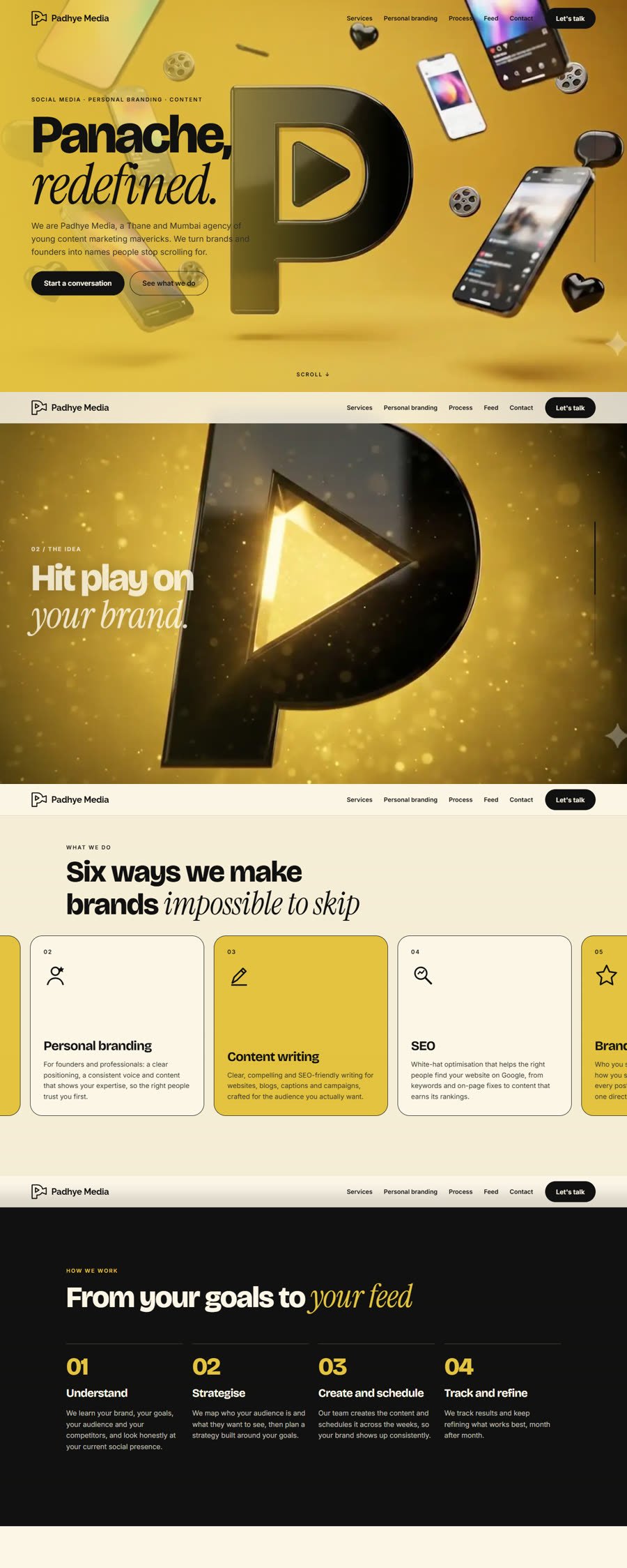 Padhye Media 3D scroll website designed by Be12 Media: a mustard and black brand film, sideways services and a four-step process